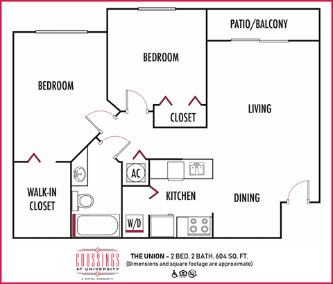 Floor plan for 2 beds, 1 bath, 772 sqft
